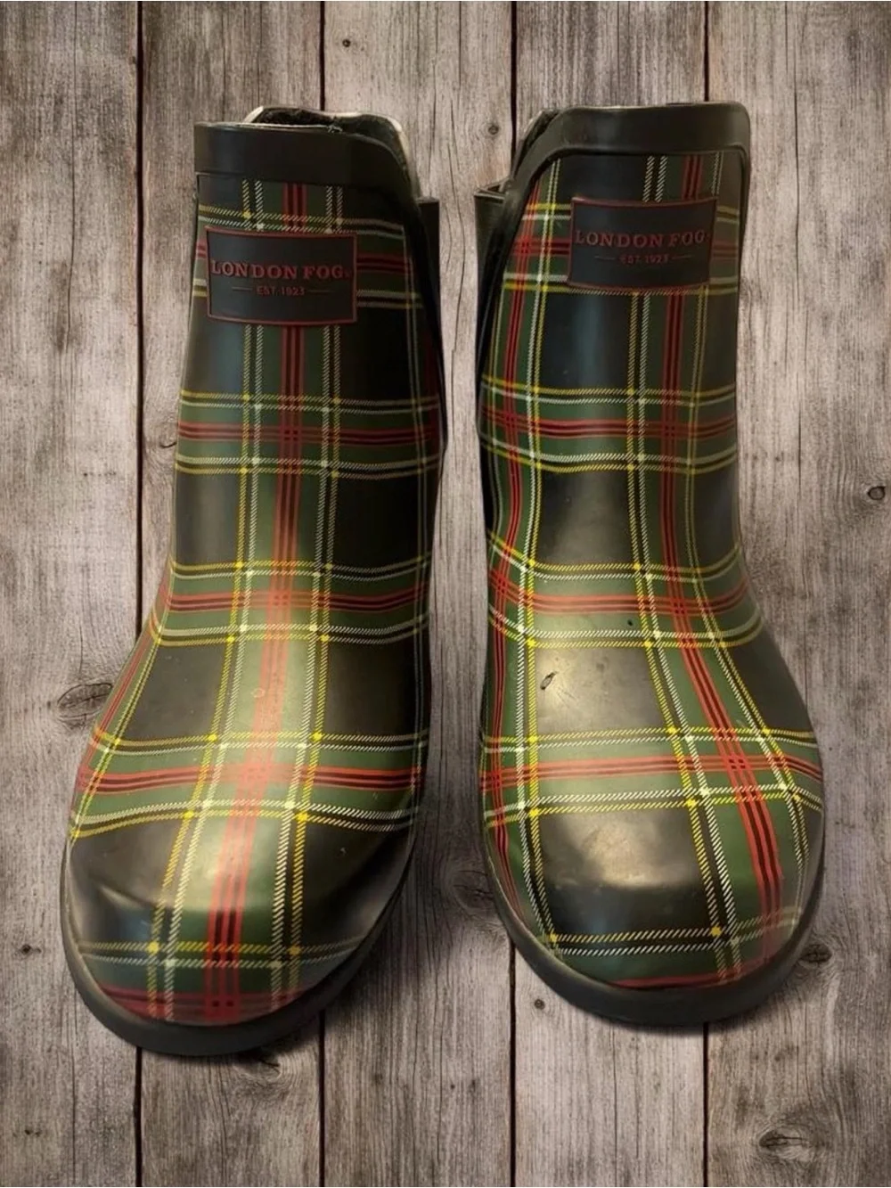 London Fog Green Plaid Waterproof rainboots with Red & Yellow Accents